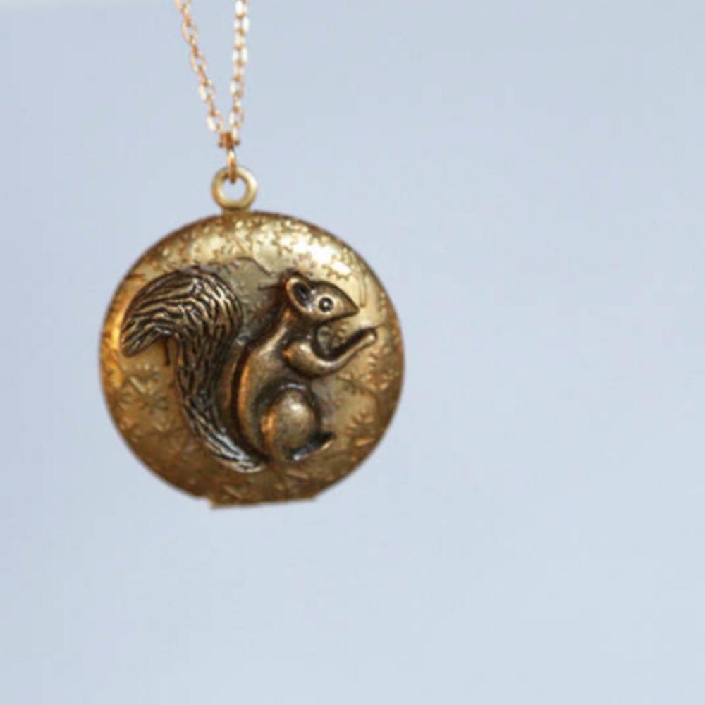 Squirrel Locket Necklace, Vintage Brass, Handmade - Picture 2 of 5